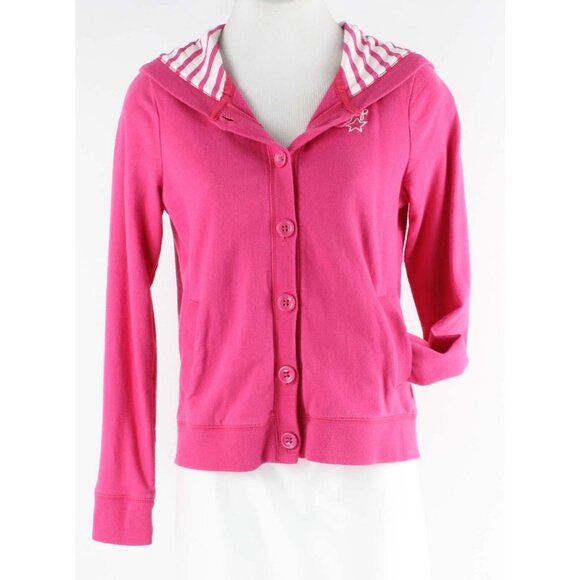 Gap Kids Sz XL 12 Pink White Striped Hooded Cotton French Terry Jacket - Picture 3 of 7